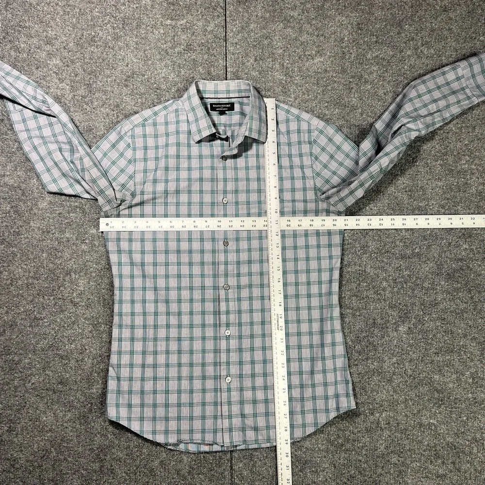 Banana Republic Men's Medium‎ Non-Iron Slim Fit Plaid Dress Shirt Green Grey